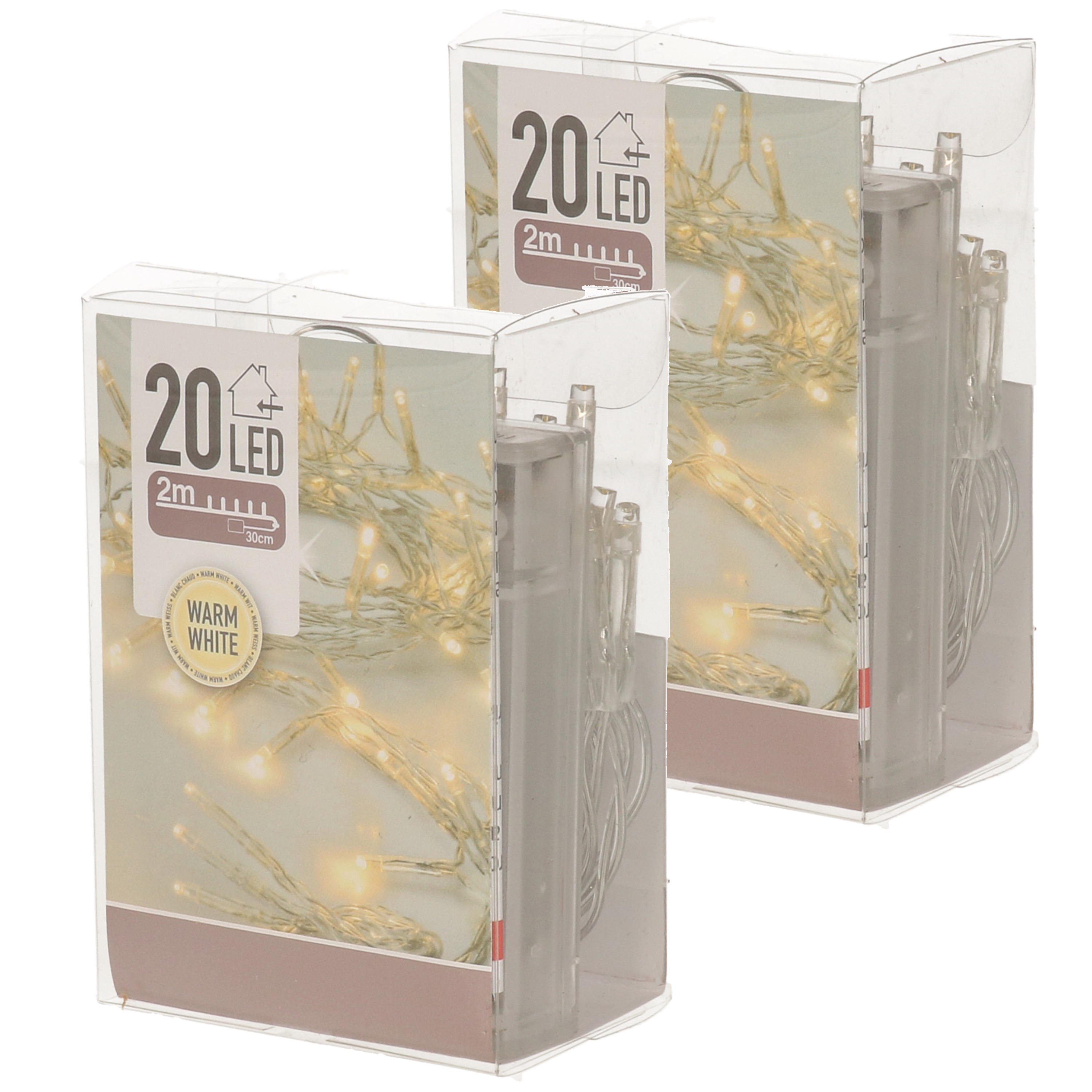 2x Kerstverlichting op batterij warm wit 20 lampjes -