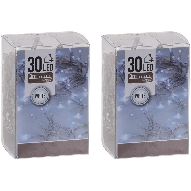2x Kerstverlichting op batterij helder wit 30 lampjes -