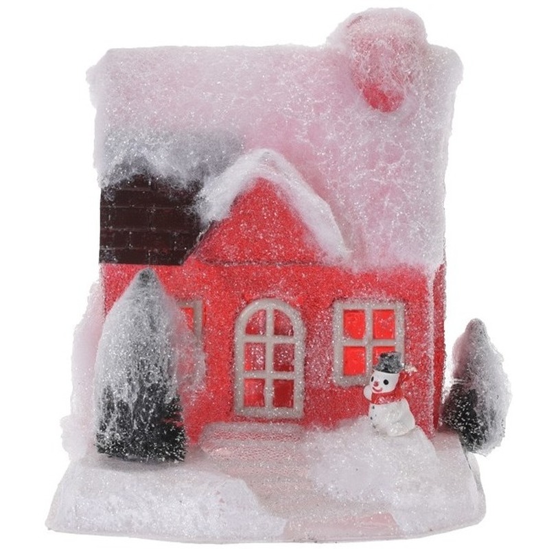 Rood kerstdorp huisje 18 cm type 1 met LED verlichting -