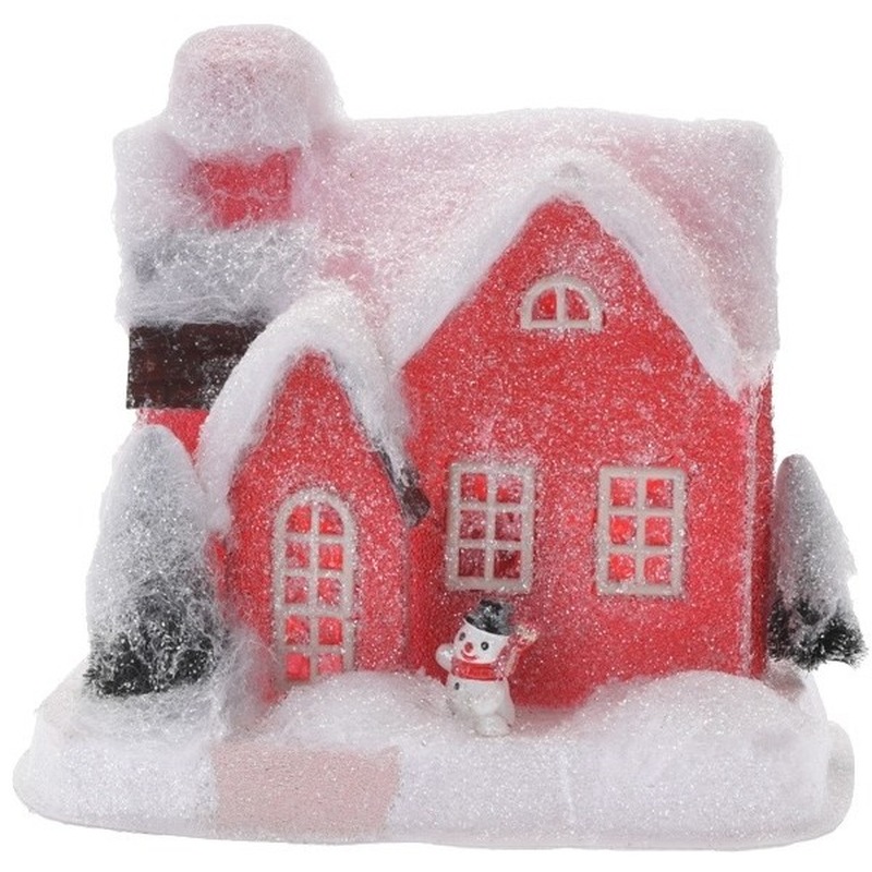 Rood kerstdorp huisje 18 cm type 2 met LED verlichting -