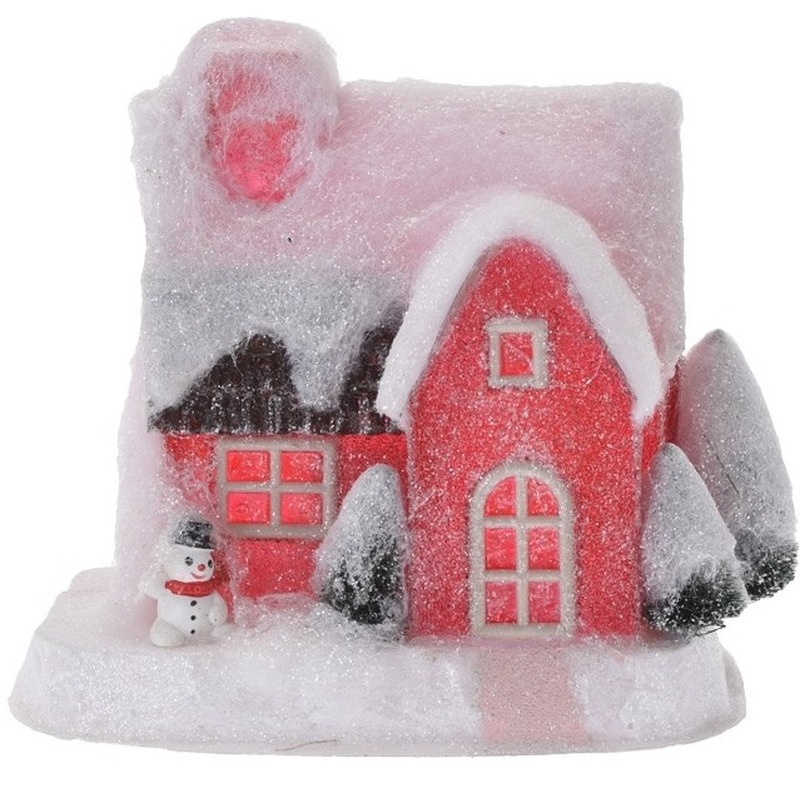Rood kerstdorp huisje 18 cm type 3 met LED verlichting -