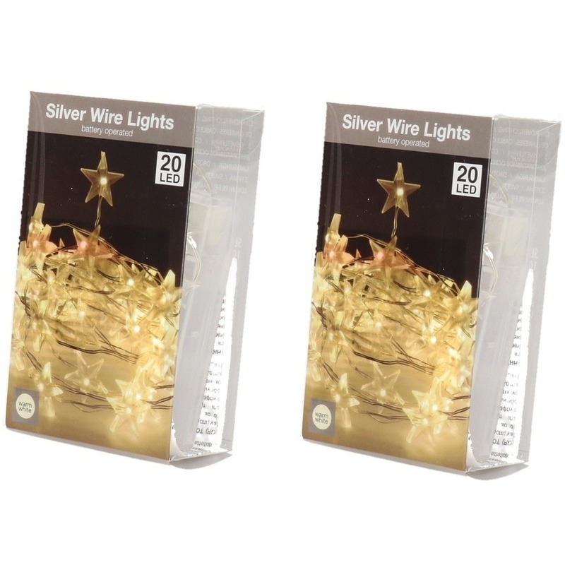 2x Ster verlichting zilverdraad op batterij warm wit 20 lampjes -