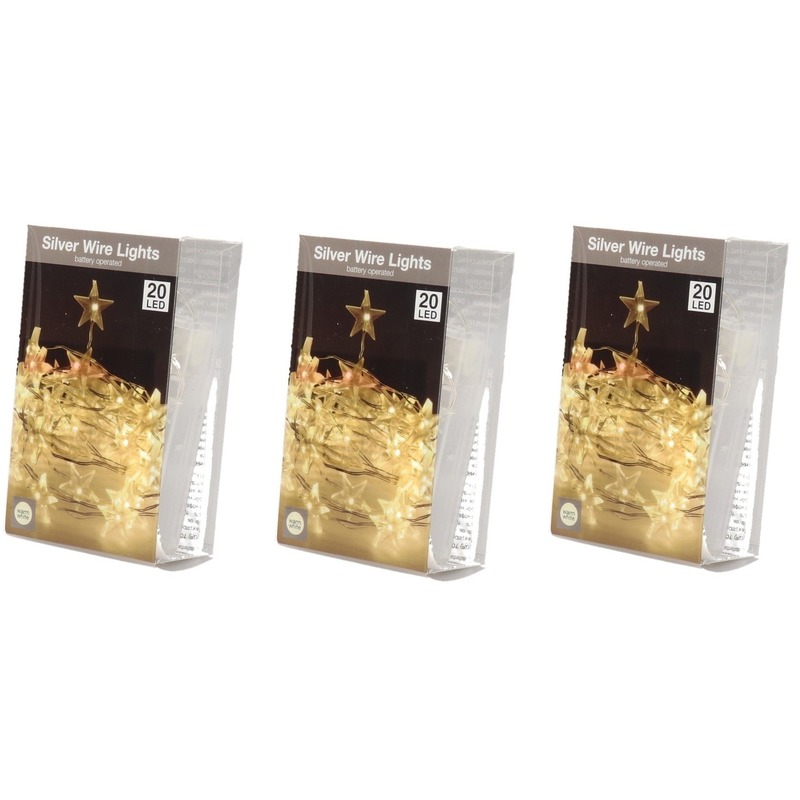 3x Ster verlichting zilverdraad op batterij warm wit 20 lampjes -