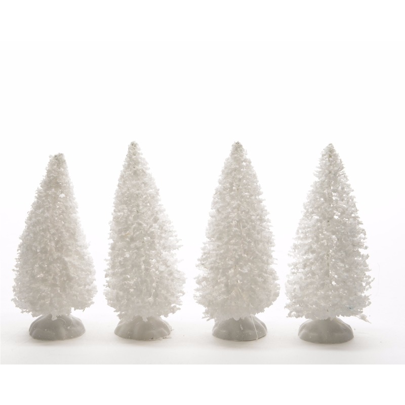 Kerstdorp onderdelen 4x besneeuwde decoratie dennenbomen 10 cm -
