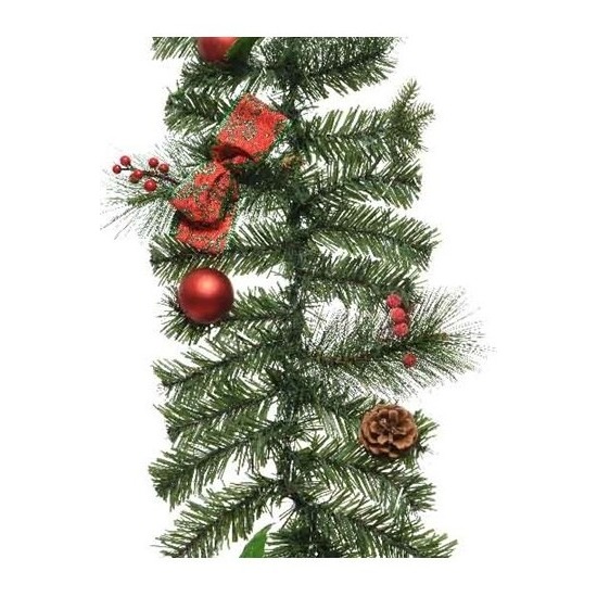 1x Groene kerst dennenslinger guirlande met rode versiering 180 cm -