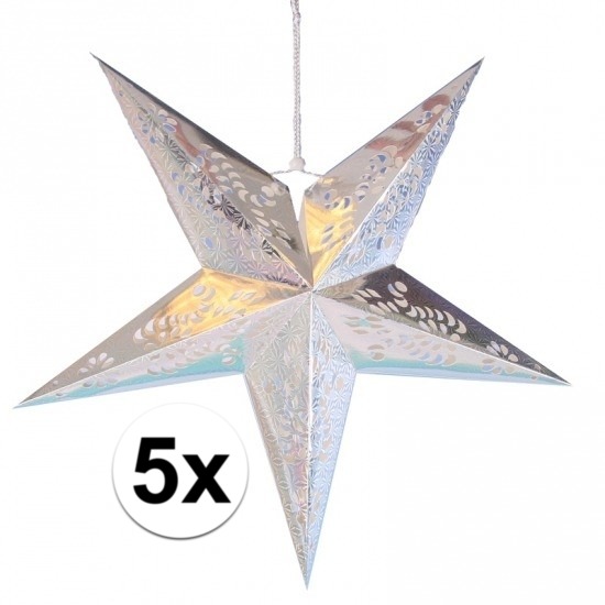 5x stuks decoratie sterren lampionnen zilver van 60 cm -
