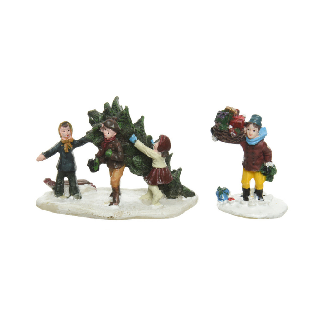 Kerstdorp figuurtjes/poppetjes - kinderen met kerstboom - 6,5 cm - polyresin -