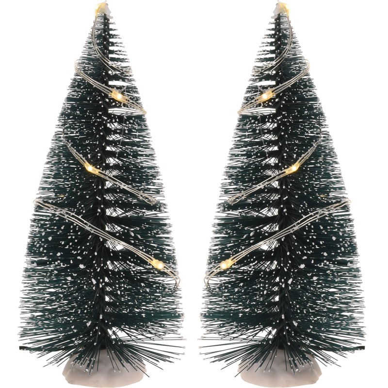 Kerstdorp onderdelen 2x Kerstbomen 15 cm met LED verlichting -