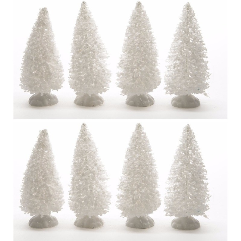 Kerstdorp maken besneeuwde decoratie dennenbomen 8 stuks 10 cm -
