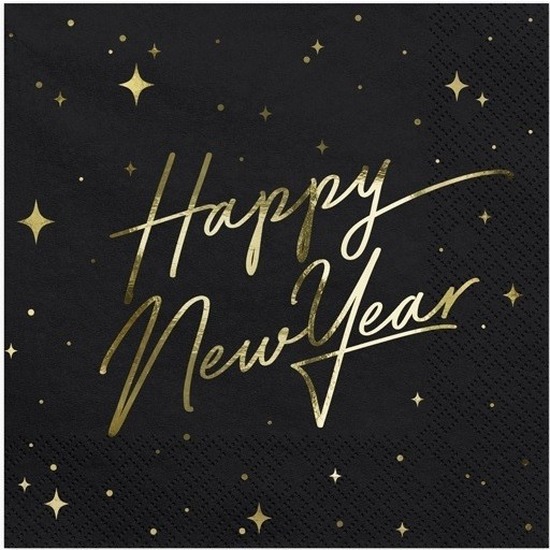 Servetten Happy New Year - 20x - zwart/goud - 33 x 33 cm - Nieuwjaar -