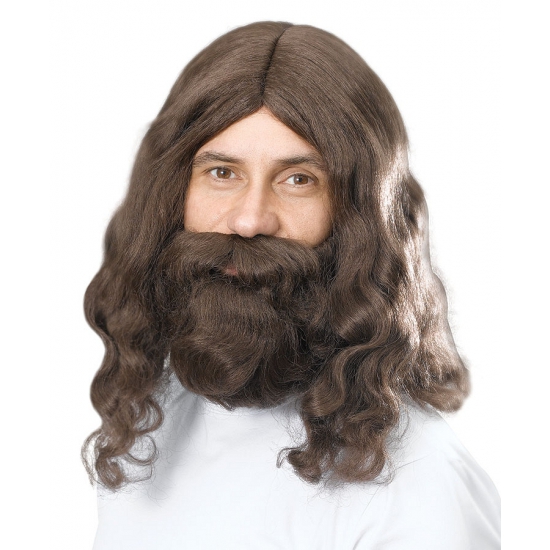 Carnaval verkleed Jezus pruik en baard voor heren - lang haar - baard - bruin -