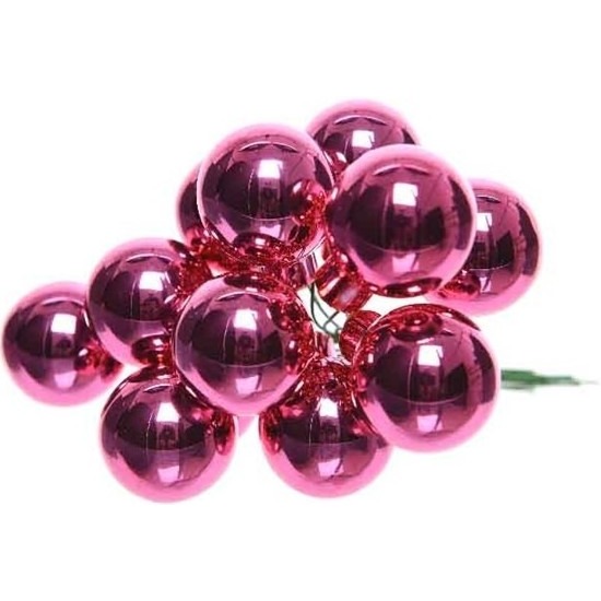 Decoris mini kerstballetjes op stekers - 10x stuks - fuchsia roze - D2 cm - glas -