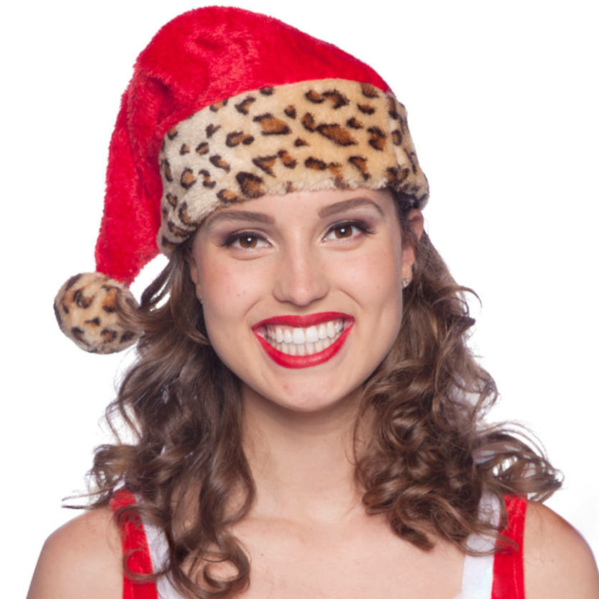 Kerstmuts - pluche - luipaard print - voor volwassenen - rood - kerstaccessoires -