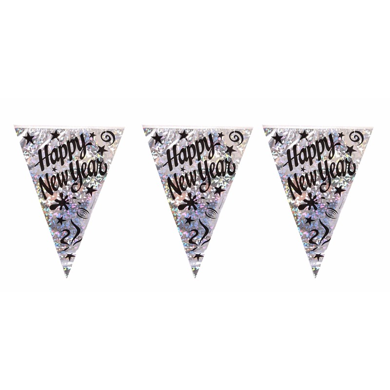 Vlaggenlijn / slinger Happy New Year holografisch 3.6 meter -