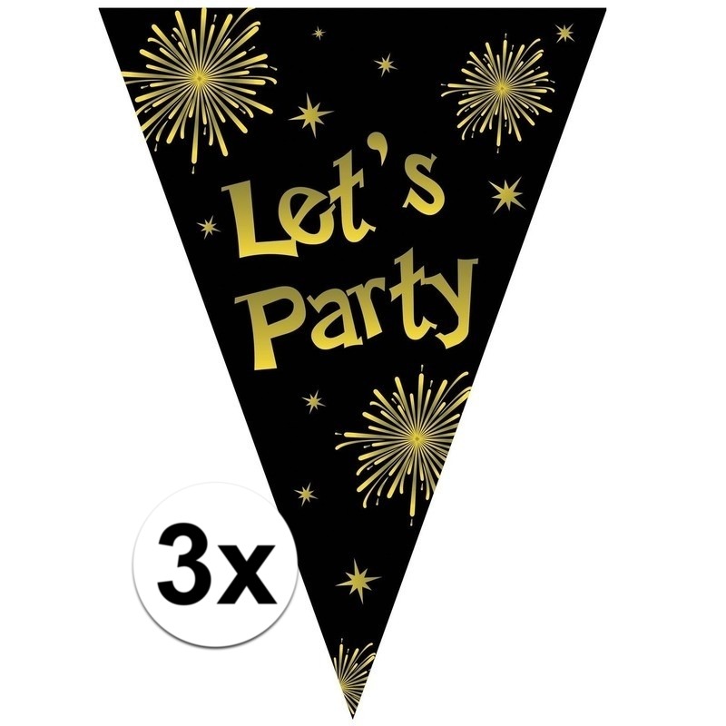 3x Vlaggenlijnen let's party oud en nieuw zwart / goud 5 meter -