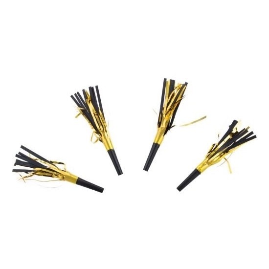 4x Feesttoetersmet kwastjes zwart/metallic 16 cm -
