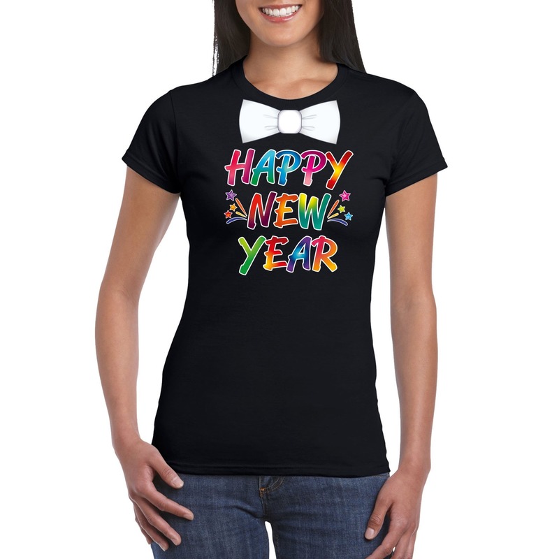 Oud en nieuw t-shirt Happy New Year met vlinderdas zwart dames XS -