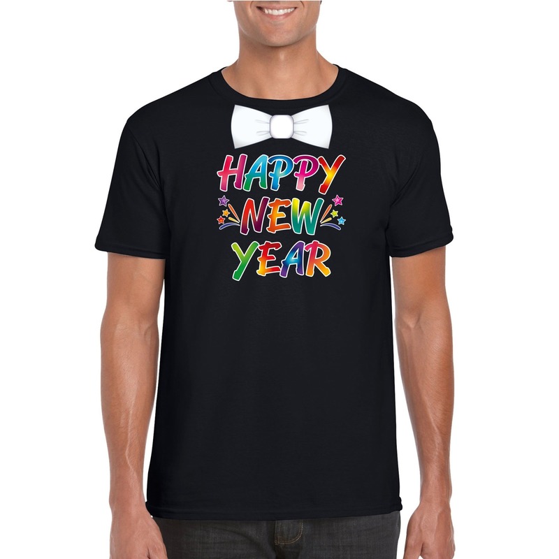 Oud en nieuw t-shirt Happy New Year met vlinderdas zwart heren L -