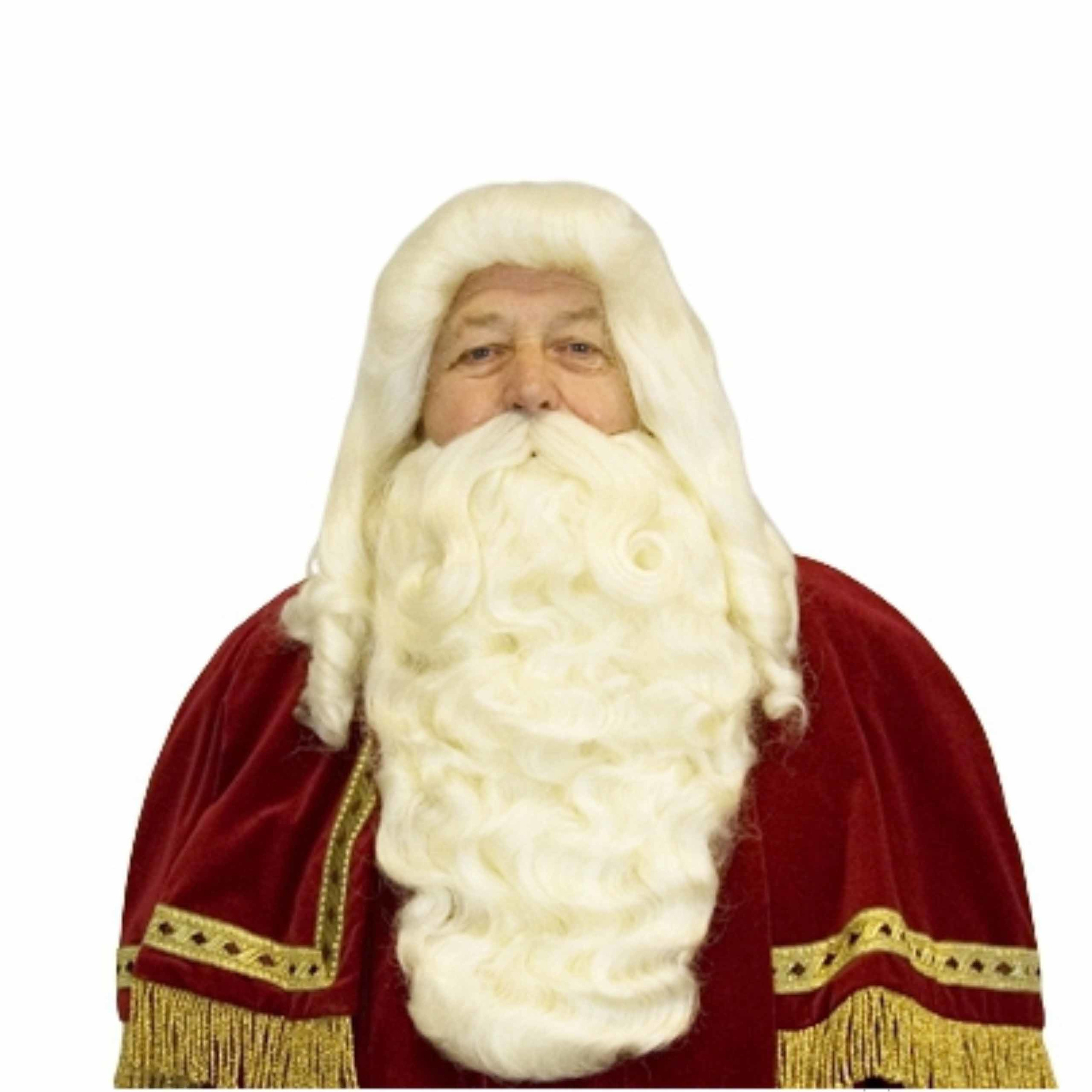 Luxe Sinterklaas pruik en baard set - wit haar - heren - met losse snor -