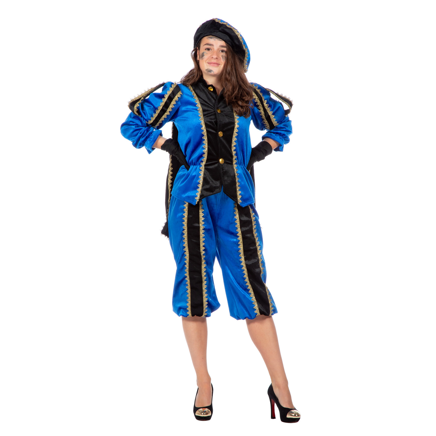 Pietenpak roetveeg Piet Luxe - blauw - pieten verkleed kostuum 3-delig - volwassenen 54 (L/XL) -