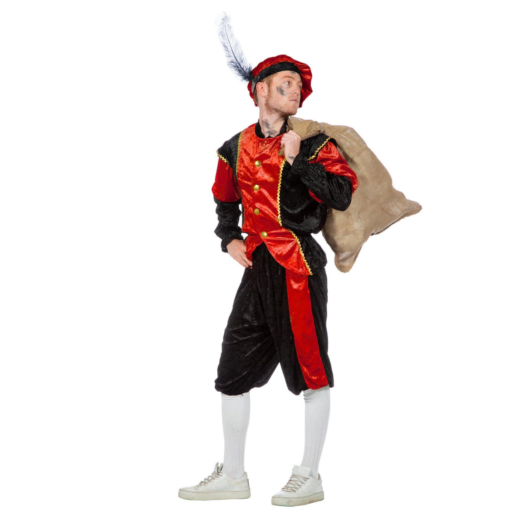 Pietenpak roetveeg Piet - rood/zwart - pieten verkleed kostuum 3-delig - unisex 50 (S/M) -