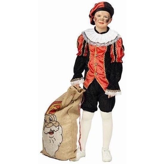 Pietenpak roetveeg Piet - rood/zwart - pieten verkleed kostuum 4-delig - kinderen 128 -