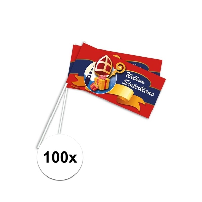 100x Rood Welkom Sinterklaas zwaaivlaggetjes 38 cm -