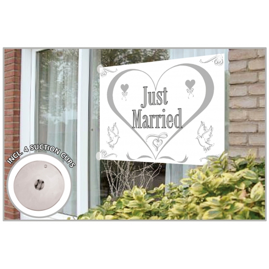 Bruiloft Just Married versiering - gevelvlag - 150 x 100 cm - met zuignappen - op raam plakken -