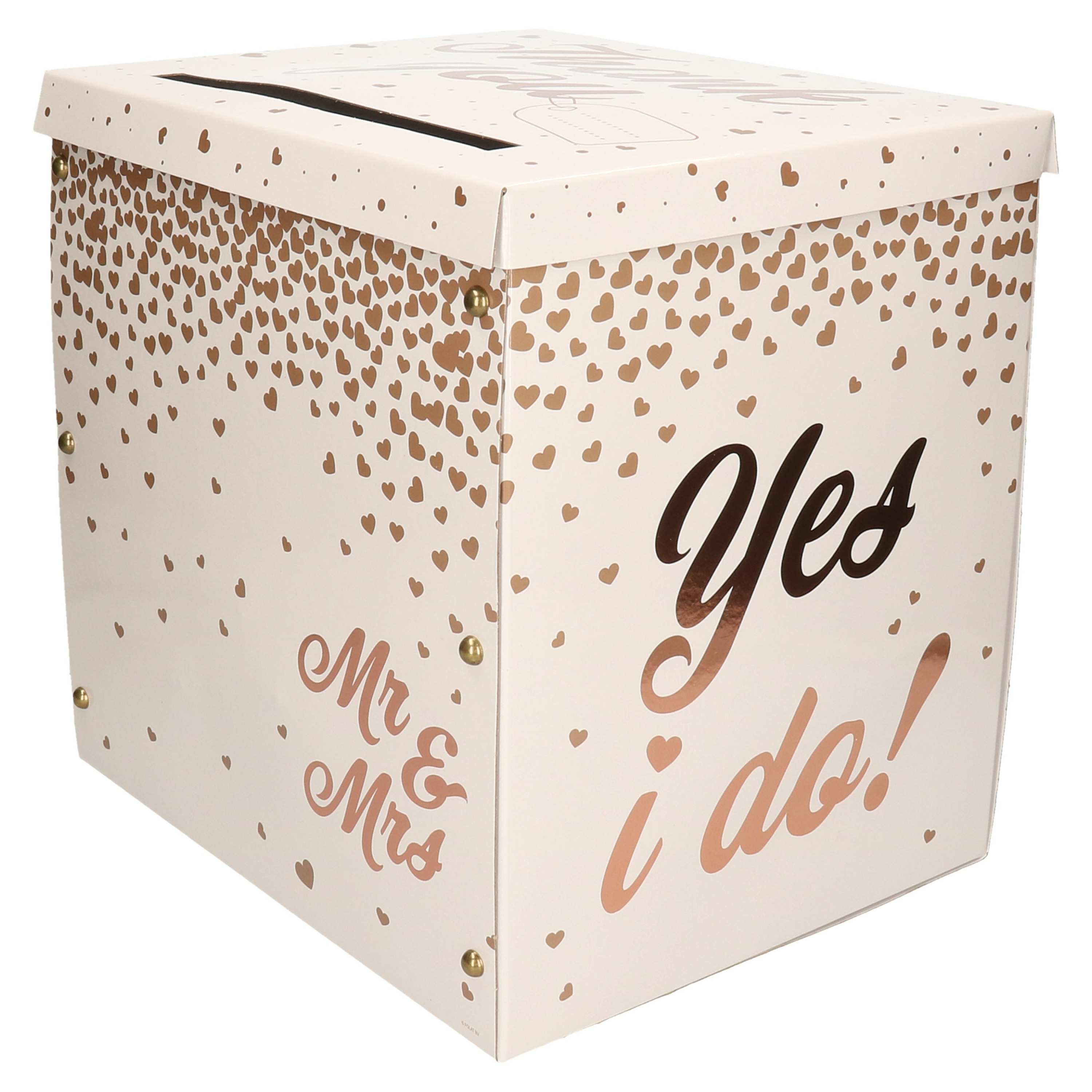 Bruiloft enveloppendoos wit met rosegouden hartjes en teksten - 30 x 25 x 30 cm - karton -