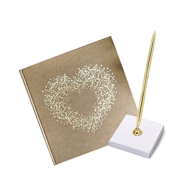 Bruiloft gastenboek met hart en luxe pen incl. houder -