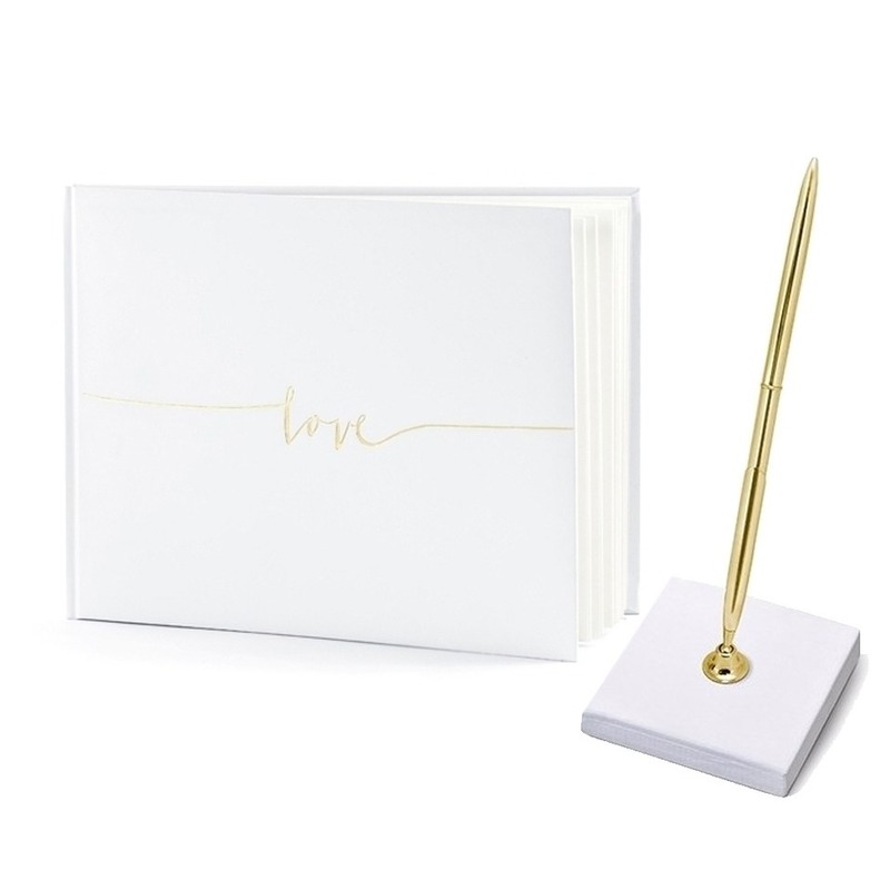 Gastenboek/receptieboek met luxe pen in houder - Bruiloft - wit/goud - 24 x 18,5 cm -