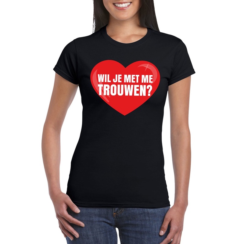 Huwelijksaanzoek t-shirt Wil je met me trouwen zwart dames S -