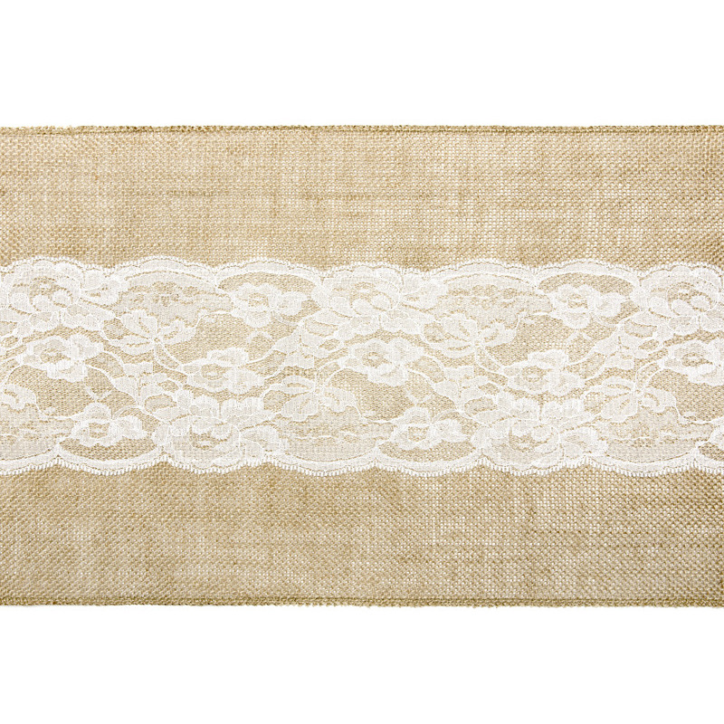 Jute tafellopers 28 x 275 cm met wit kant -