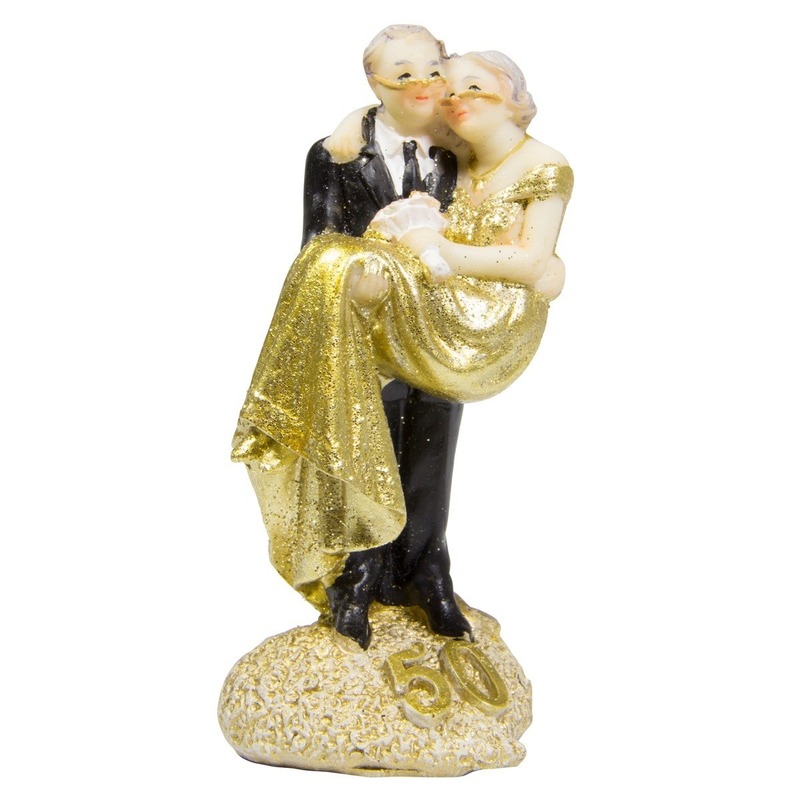 Taart figuurtje 50 jaar huwelijk echtpaar - goud - 14 cm - taart decoratie - 50 jaar getrouwd -