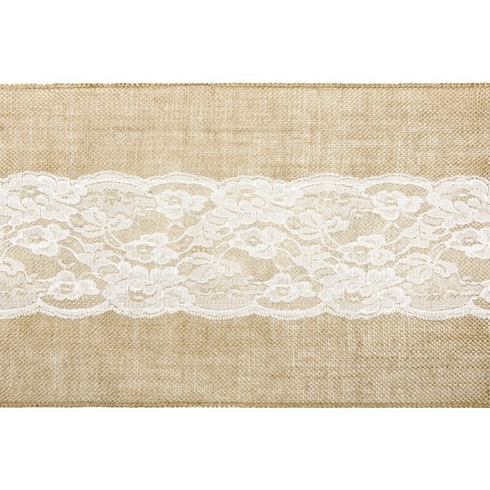Bruiloft/huwelijk jute tafelloper 28 x 275 cm met wit kant -
