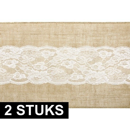 2x Bruiloft/huwelijk jute tafellopers 28 x 275 cm met wit kant -