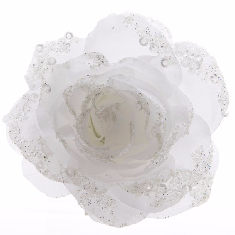 Decoratie kunstbloem roos bloem winter wit 14 cm -
