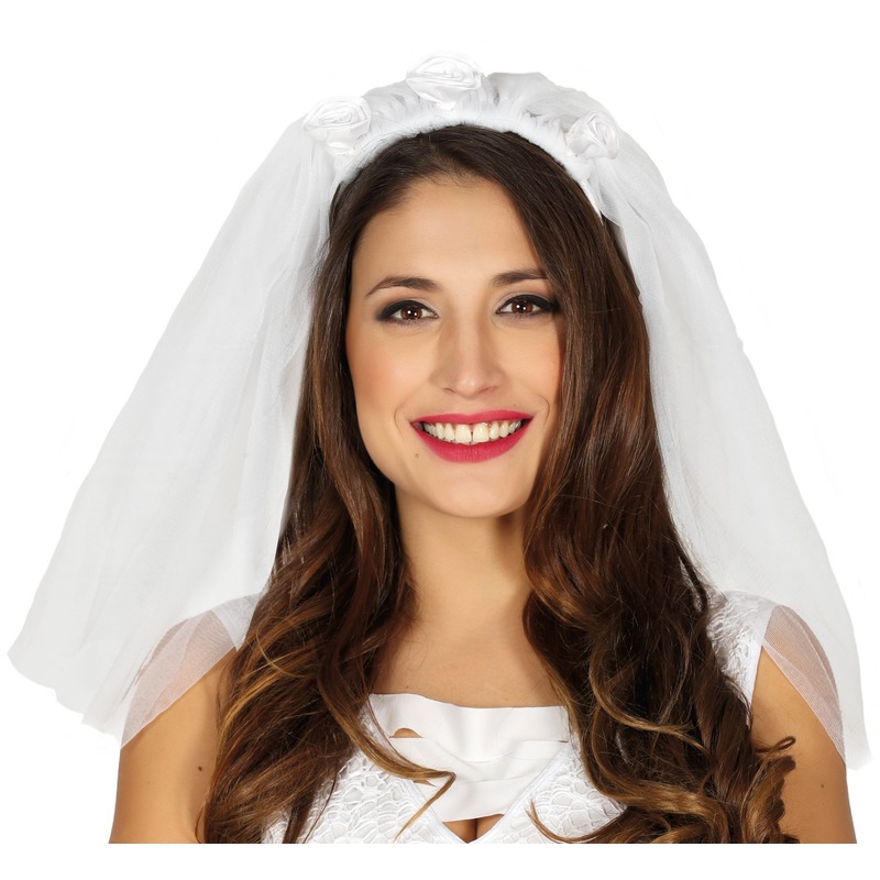 Bruidssluier met witte roosjes verkleed accessoire -