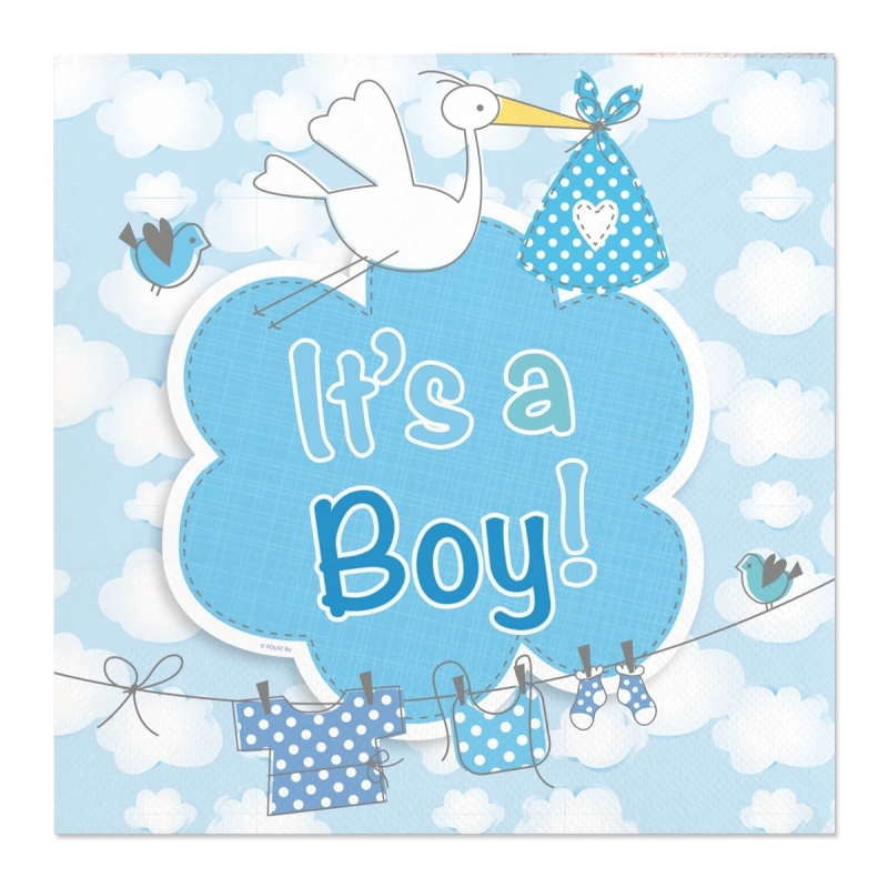 20x Geboorte jongen Babyshower servetten blauw 25 x 25 cm -