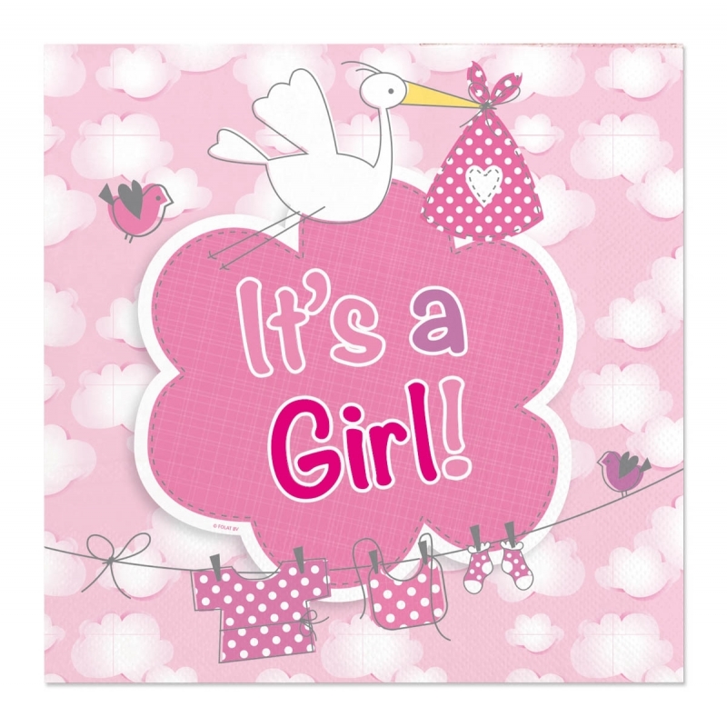 40x Geboorte meisje babyshower servetten roze 25 x 25 cm papier -