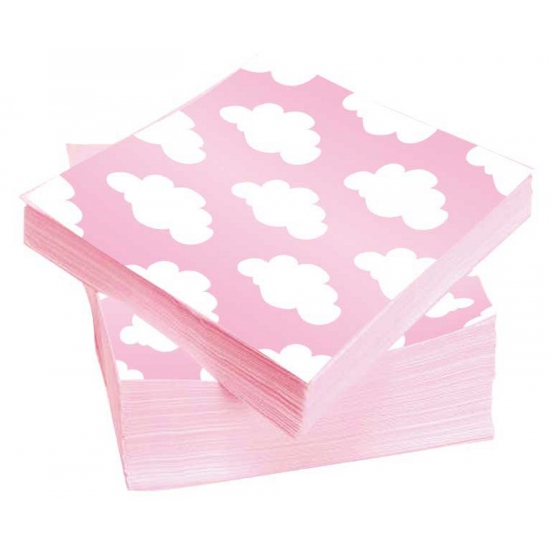 Geboorte meisje thema servetten - 20x stuks 33 x 33 cm - Kraamfeestje - Gender reveal - roze wolken -