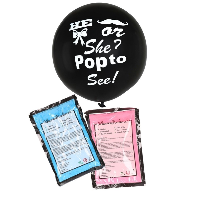 Gender reveal ballon he or she inclusief roze en blauw poeder -