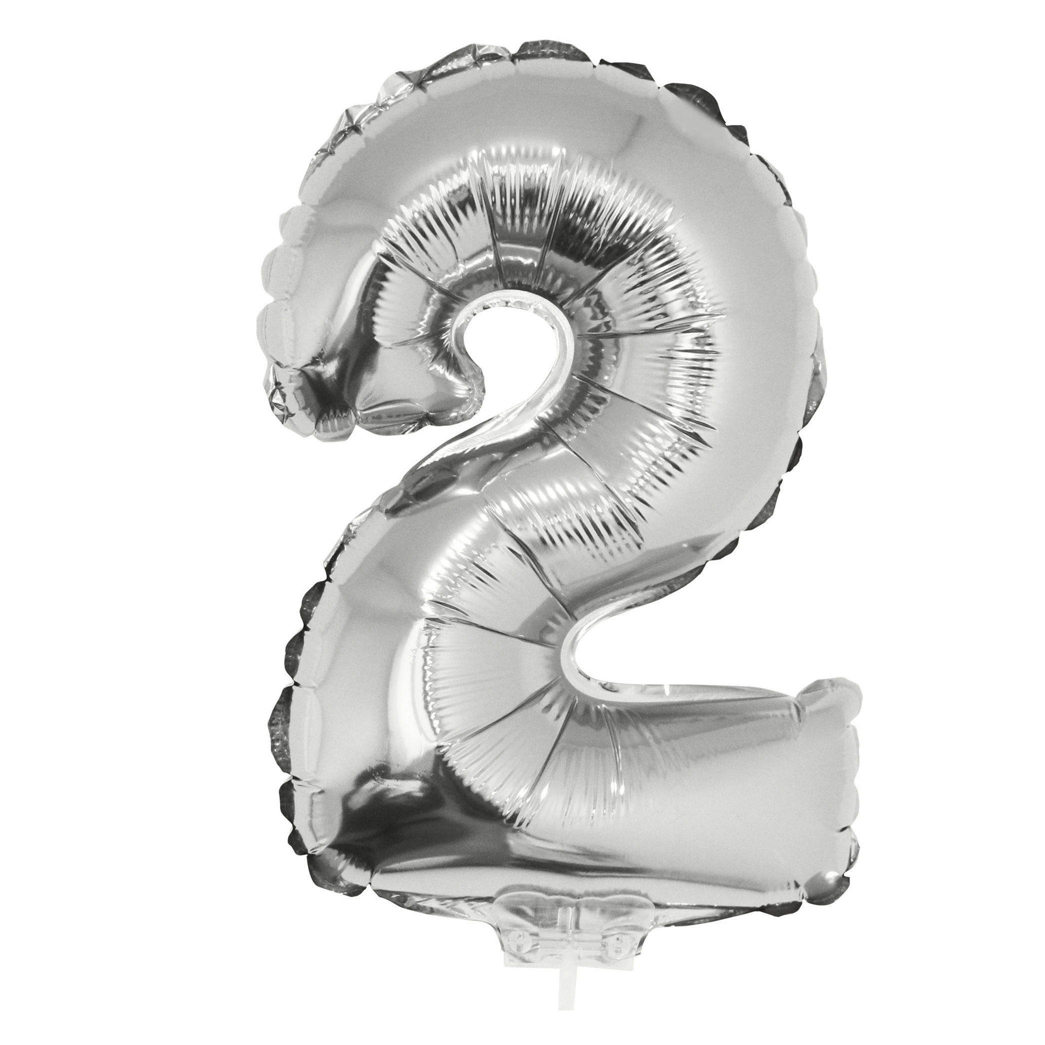 Zilveren opblaas cijfer ballon 2 op stokje 41 cm -