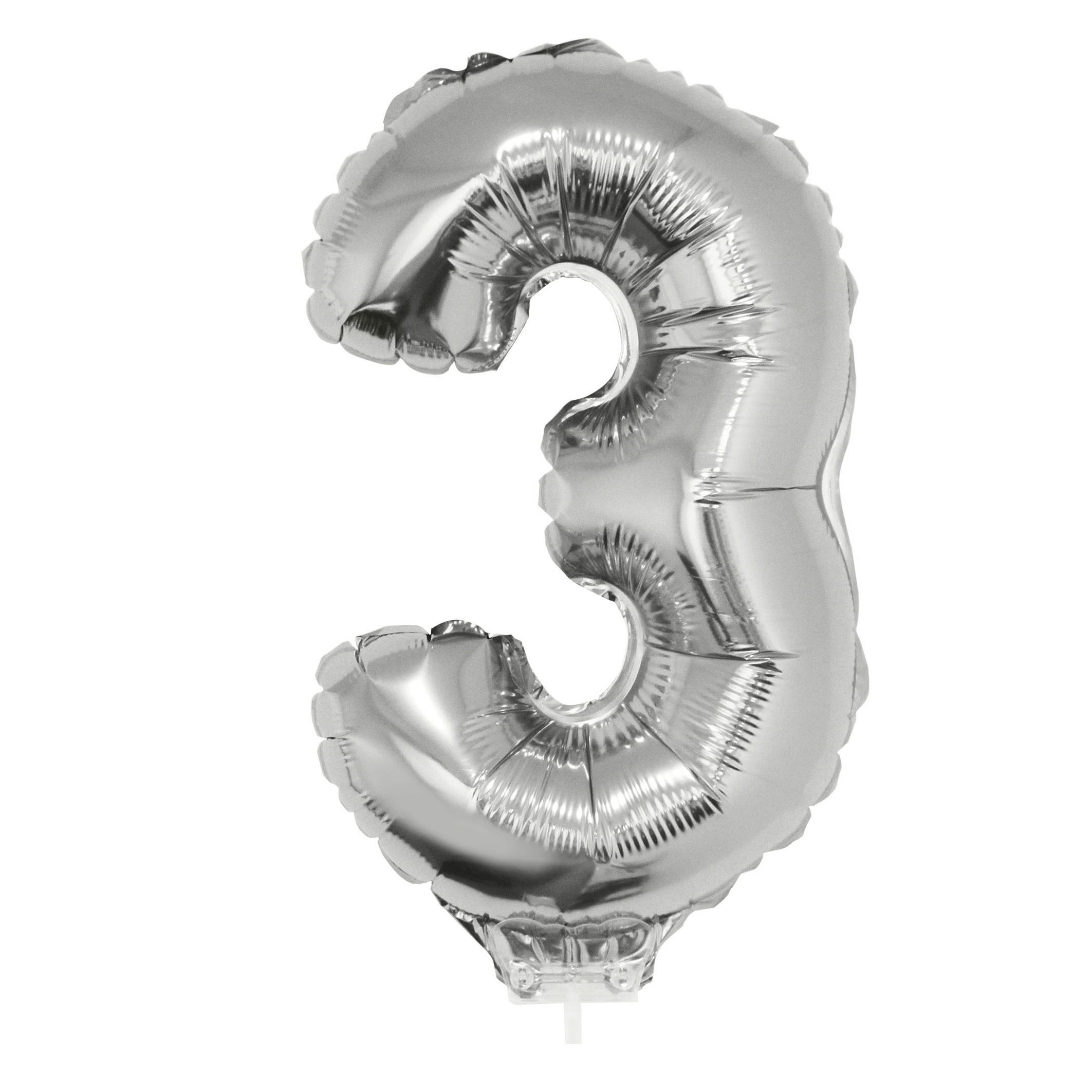 Zilveren opblaas cijfer ballon 3 op stokje 41 cm -