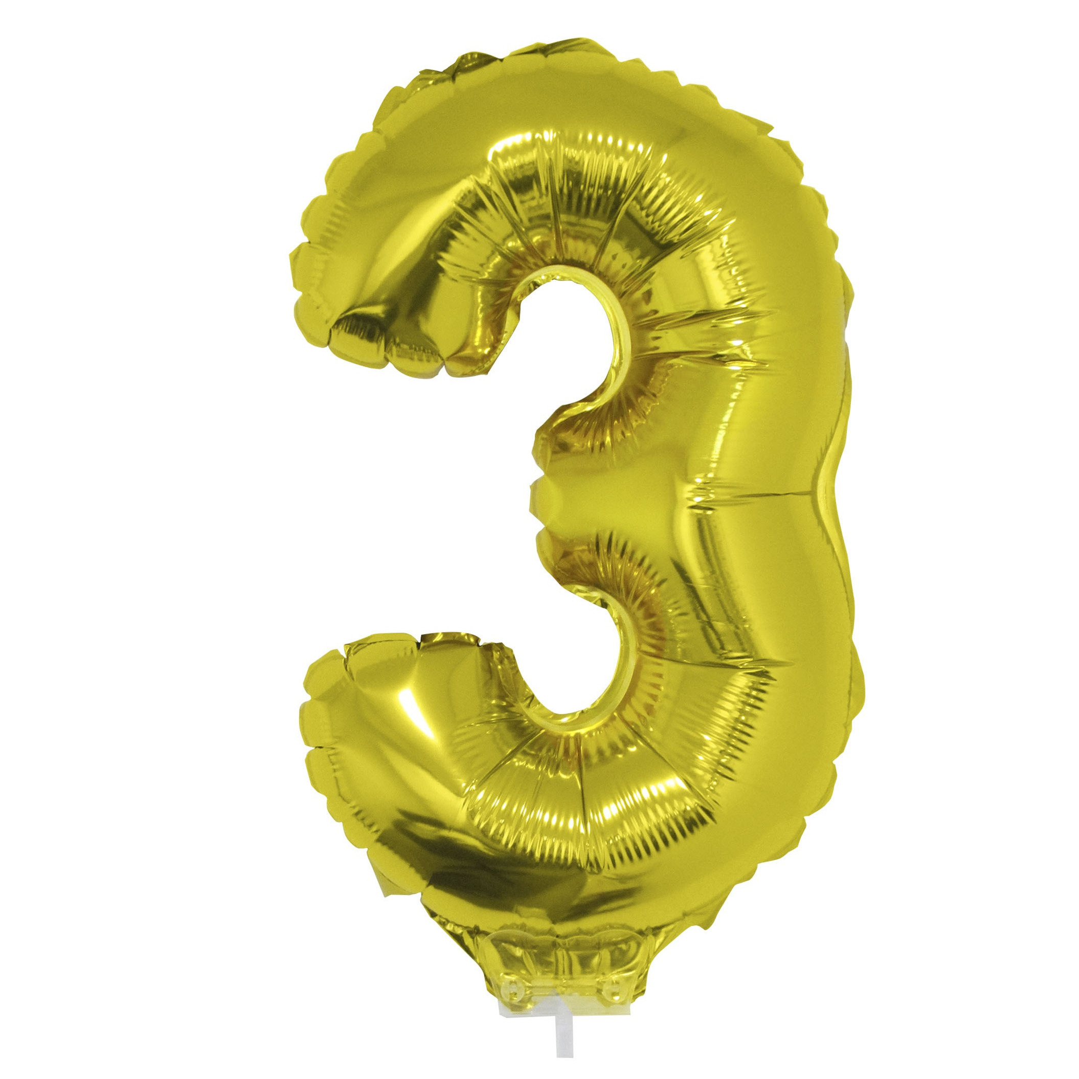 Gouden opblaas cijfer ballon 3 op stokje 41 cm -