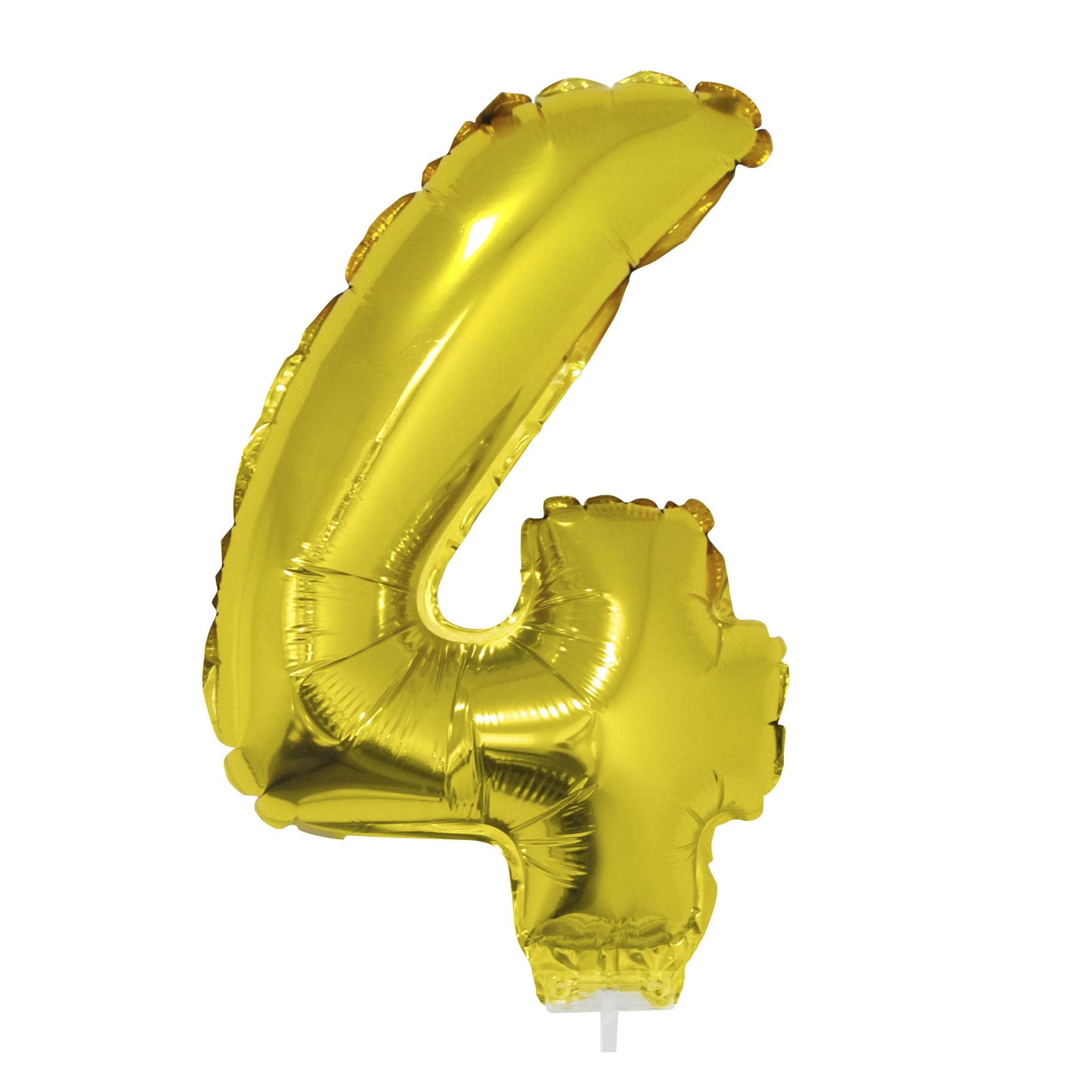 Gouden opblaas cijfer ballon 4 op stokje 41 cm -