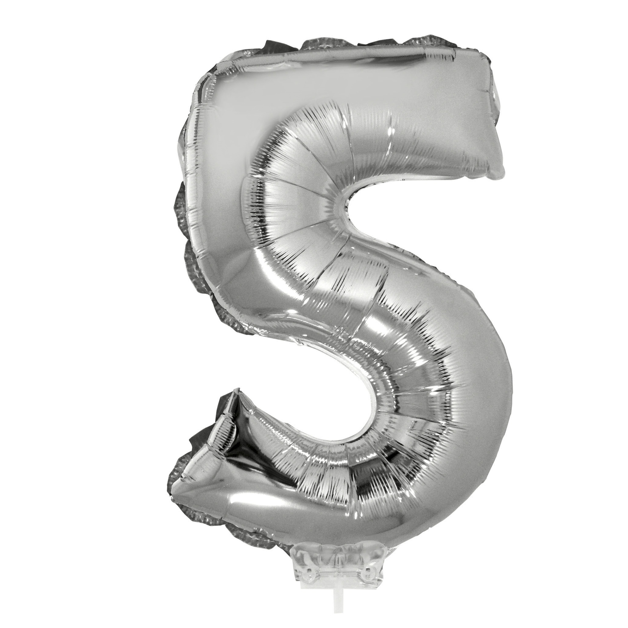 Opblaas cijfer ballon 5 op stokje - zilver kleur - 41 cm - voor lucht - Leeftijd versiering -