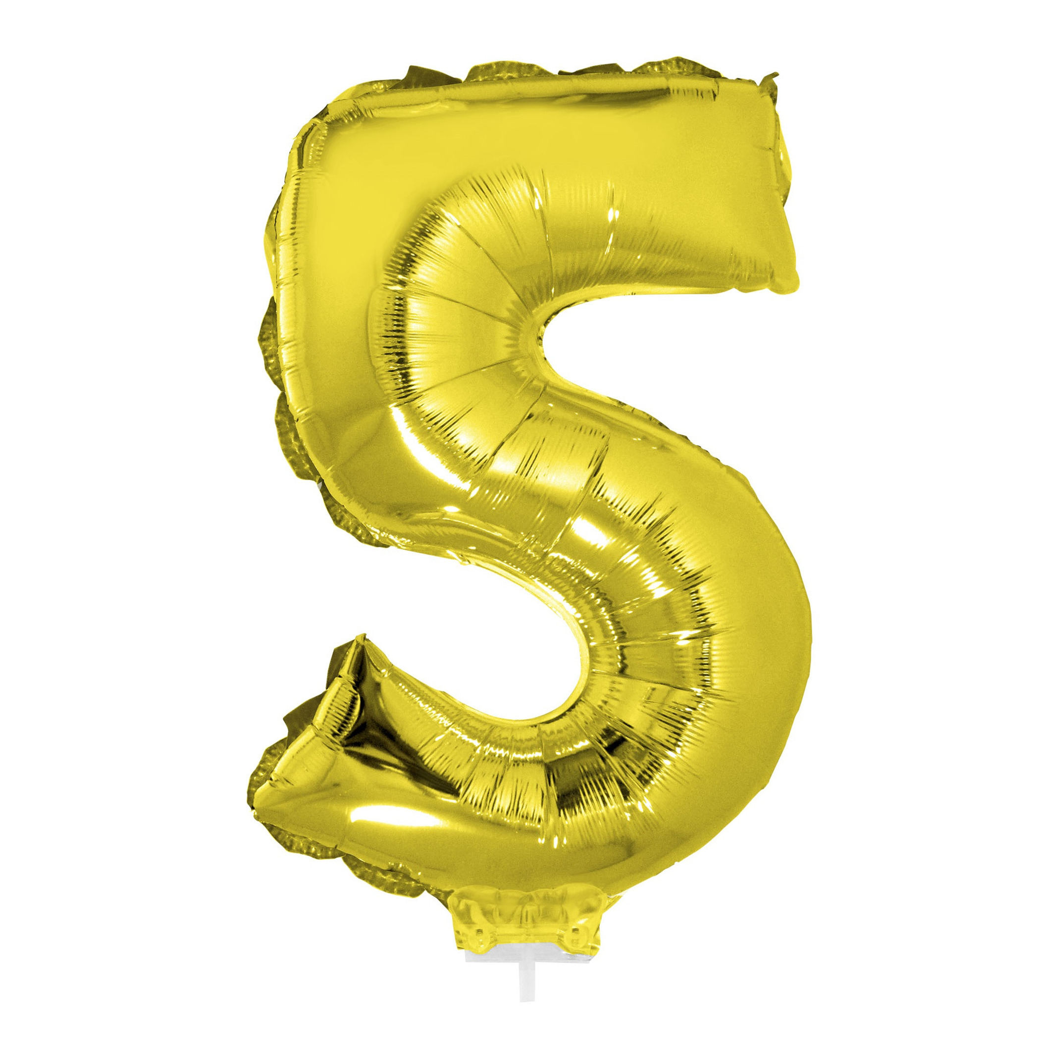 Opblaas cijfer ballon 5 op stokje - goud kleur - 41 cm - voor lucht - Leeftijd versiering -