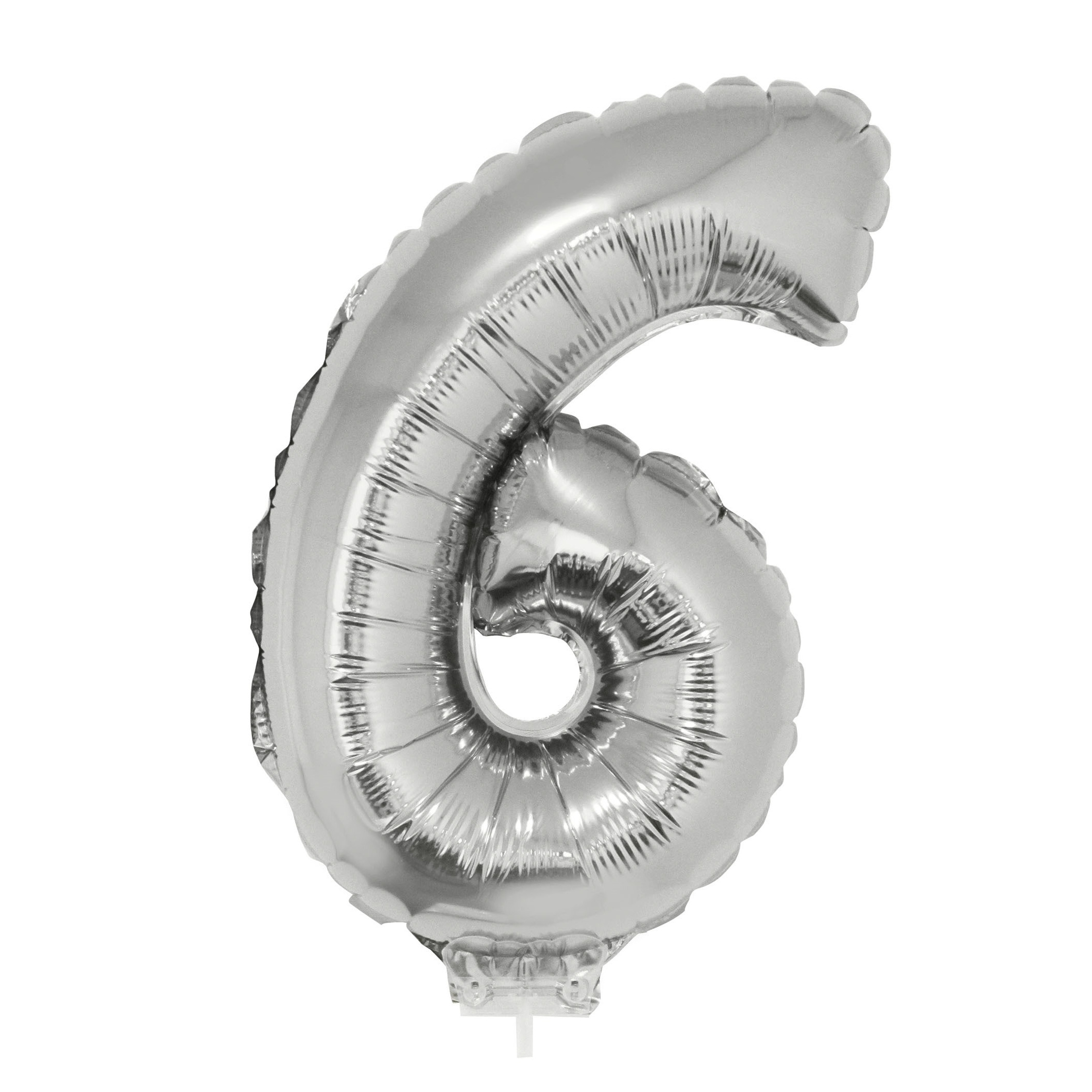 Zilveren opblaas cijfer ballon 6 op stokje 41 cm -