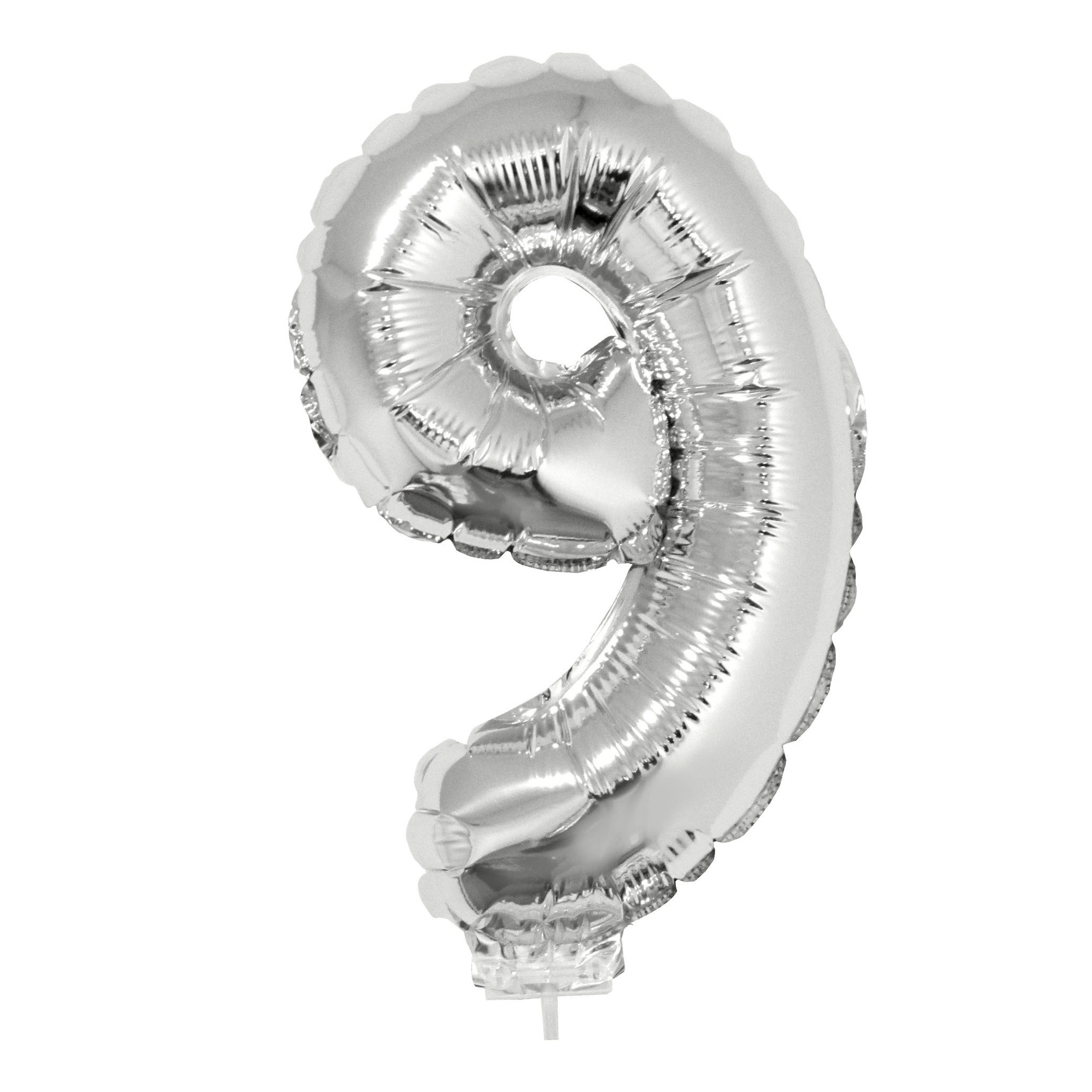 Cijfer 9 jaar opblaasbaar cijfer - op stokje - zilver - 41 cm - Feestartikelen verjaardag -